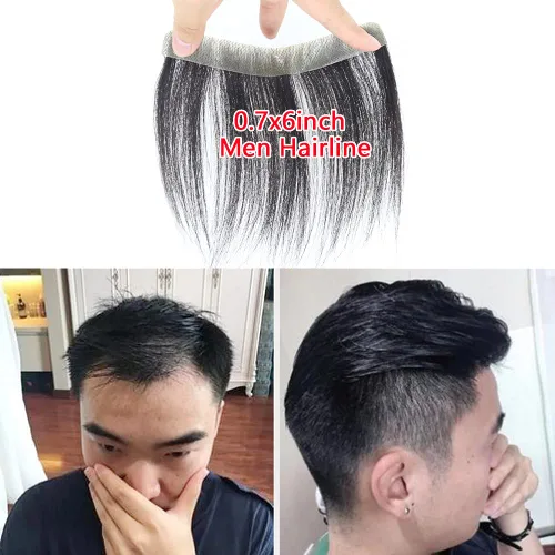 Tupé de línea capilar para hombre, 0.7 x 6 pulgadas, en forma de V, color negro natural, para hombres, cabello humano real, tupé, piel suave y fina,