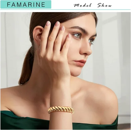 Miniatura 2 de FAMARINE Brazalete trenzado fino o grueso chapado en oro de 14 quilates, pulsera elástica elástica para parejas