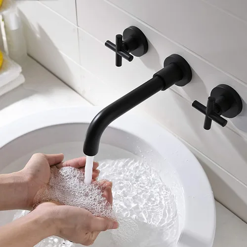 Miniatura 3 de TRUSTMI Grifo de baño de latón negro mate montado en la pared, doble mango cruzado grifo de lavabo en pared y válvula áspera incluida