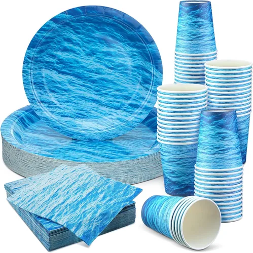 200 piezas de suministros para fiesta del océano, juego de vajilla con diseño de olas del océano, platos impresos, servilletas, tazas, decoraciones