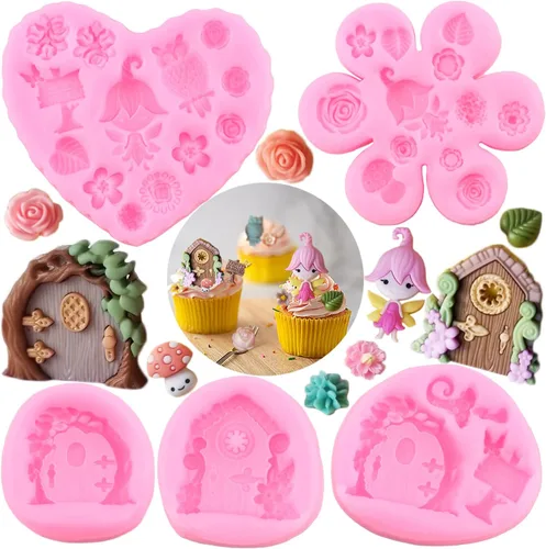 ZiXiang Moldes de silicona encantados para jardín, hadas, gnomo, puerta de casa, ventana, molde de fondant de hongos para decoración de pasteles de