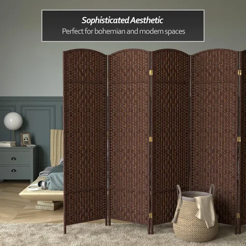 Miniatura 6 de Divisor de ambiente resistente de 6 pies, pantalla de privacidad plegable de fibra de ratán con patrón de diamante, Madera, Mocha oscuro