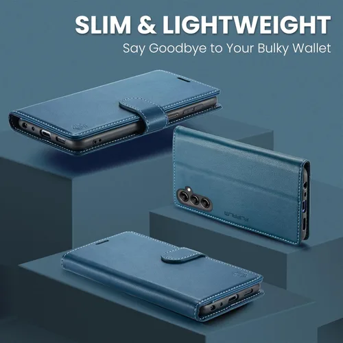 Miniatura 6 de FLIPALM Funda tipo cartera para Samsung Galaxy A14 5G con bloqueo RFID, soporte para tarjeta de crédito, de piel sintética, función atril, Azul