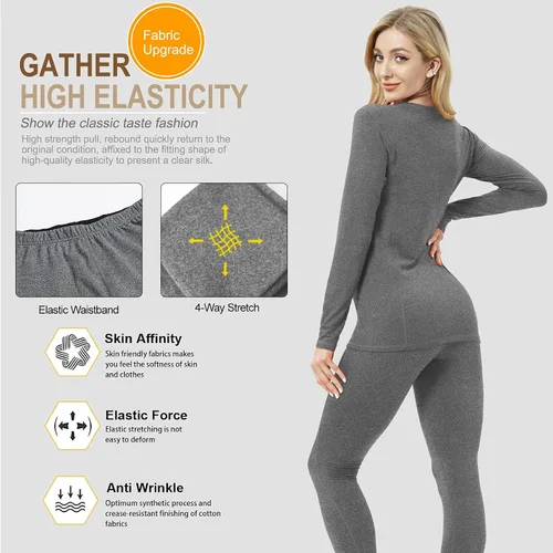 Miniatura 4 de MeetHoo Ropa interior térmica para mujer, conjunto de compresión de capa base cálida para invierno, forro polar, pantalones largos para correr