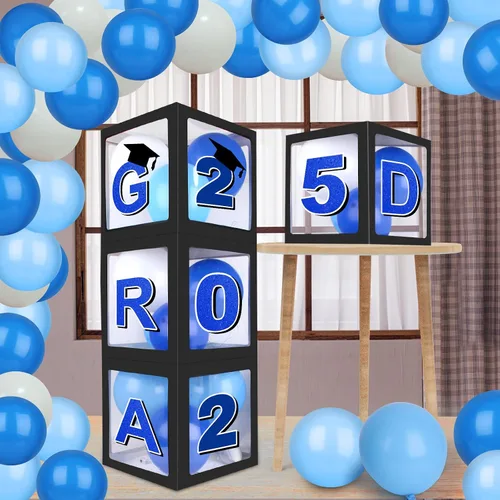 Miniatura 6 de Decoraciones azules para fiestas de graduación 2026, cajas de globos de graduados – 4 cajas de globos negros con 4 cuerdas de luz y letras 2026 Grad