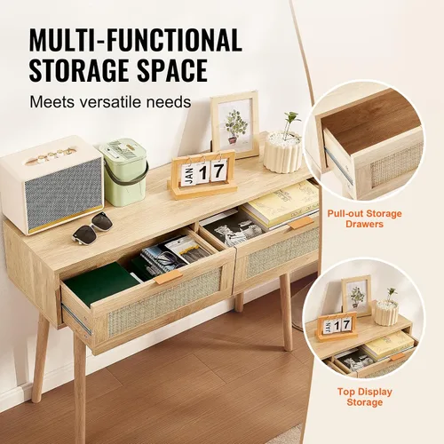 Miniatura 5 de VEVOR Mesa consola de ratán con 2 cajones de almacenamiento, mesa de entrada de ratán con puerta corredera de ratán natural, mesa de sofá para sala