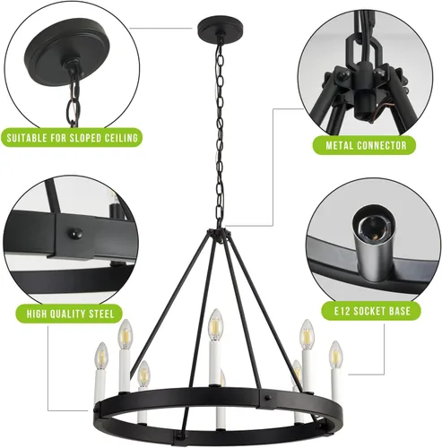 Miniatura 6 de Candelabro de 8 luces con rueda de carro, de 24 pulgadas, color negro, redondo, para comedor, moderna e industrial, isla de cocina, lámparas
