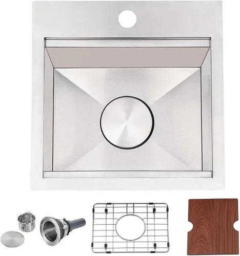 Fregadero de 15x15 pulgadas para barra de montaje superior - VAPSINT Fregadero de cocina pequeño de 15 pulgadas de acero inoxidable, fregaderos de