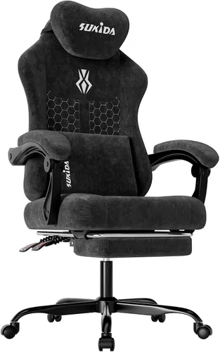 Miniatura 11 de SUKIDA Silla ergonómica de videojuegos de tela, sillas ergonómicas de respaldo alto para juegos de computadora con gran masaje ajustable, soporte