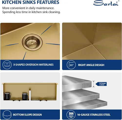 Miniatura 4 de Sarlai Fregadero de Cocina Dorado Bajo Encimera de 33 Pulgadas Doble Tazón 33 x 19 Pulgadas Bajo Dividido Dorado Estación de Trabajo Fregadero Doble