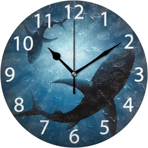 senya Reloj de pared redondo de tiburones bajo el agua, pintura al óleo silenciosa sin tictac, decorativo para el hogar, oficina, escuela, reloj