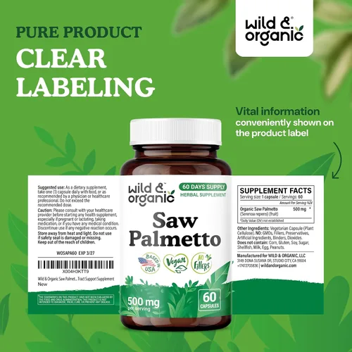 Miniatura 7 de Wild & Organic Cápsulas Saw Palmetto de 500 mg - Soporte del tracto urinario para hombres y mujeres - Suplemento en polvo de palma enana pura