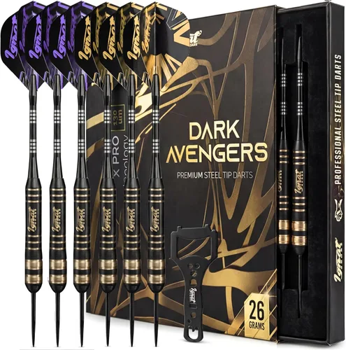 IgnatGames Steel Tip Dart Set - Brass Barrels with Tempered Steel Points, Aluminum Shafts, 16 GlideXPro Flights (Standard No. 2 + Slim), Lila - Dark