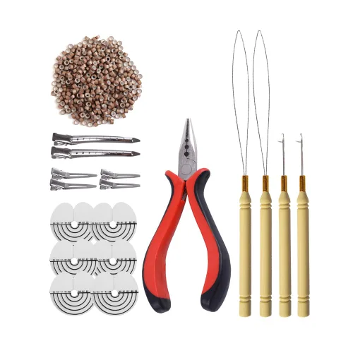 Miniatura 19 de Kit de herramientas de 200 piezas de extensiones de cabello de microanillos de silicona: alicates de pelo de tres agujeros, aguja de gancho de micro