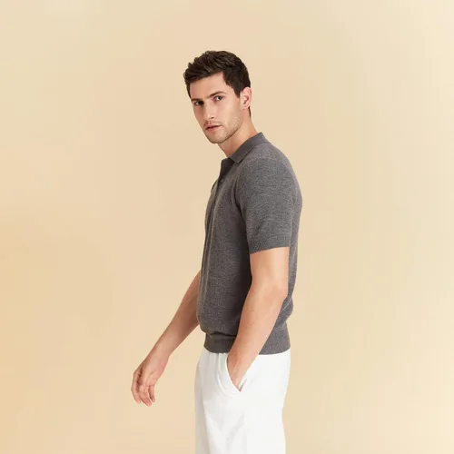 Miniatura 3 de GreenMount Polo de cachemira para hombre Jacquard manga corta suave ligero