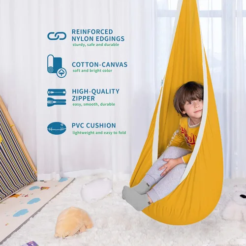 Miniatura 3 de OUTREE Asiento de columpio para niños, hamaca de algodón para niños, columpio sensorial para uso en interiores y exteriores, amarillo y blanco