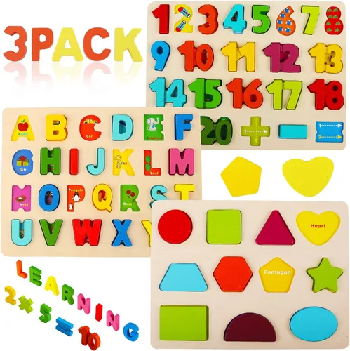 Miniatura 8 de Rompecabezas de madera para niños pequeños, rompecabezas de madera con forma de números del alfabeto, juguetes de aprendizaje para niños de 3, 4, 5
