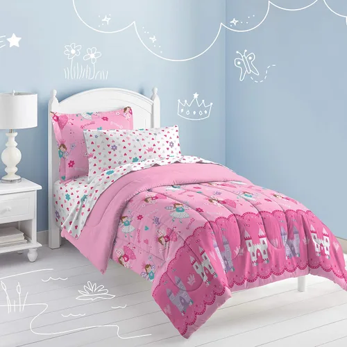 Miniatura 6 de dream FACTORY - Juego de edredón de microfibra ultrasuave para niñas, color rosa, tamaño individual, diseño de princesa mágica Princesa Mágica Rosa