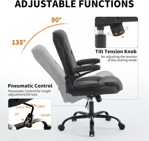 Miniatura 3 de Silla ergonómica de escritorio para oficina en casa, silla ejecutiva de tela cómoda con reposabrazos abatibles, silla de computadora de altura Gris