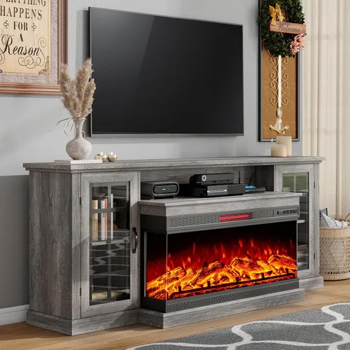 Miniatura 10 de LUXOAK Soporte de TV para Chimenea con Chimenea Eléctrica de Vidrio de 3 Lados, Centro de Entretenimiento Multimedia de 59" con Gabinete de Gris