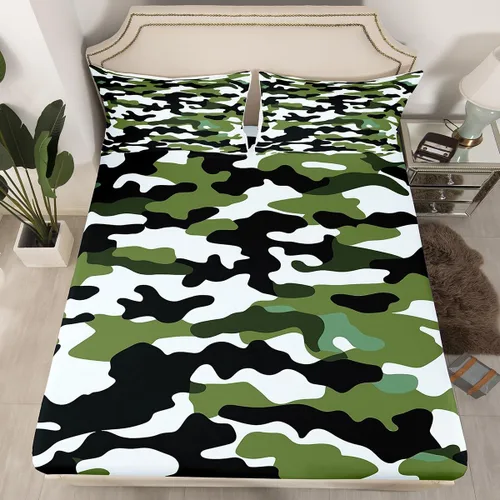 Miniatura 26 de Sábanas de camuflaje para niños, sábanas bajeras de camuflaje verde militar, juego de ropa de cama de camuflaje militar para niños, adolescentes
