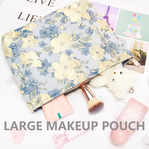 Miniatura 5 de Pazimiik Bolsa de maquillaje floral, grande, de algodón, con cremallera para bolsa de viaje, organizador de maquillaje de lona para mujeres