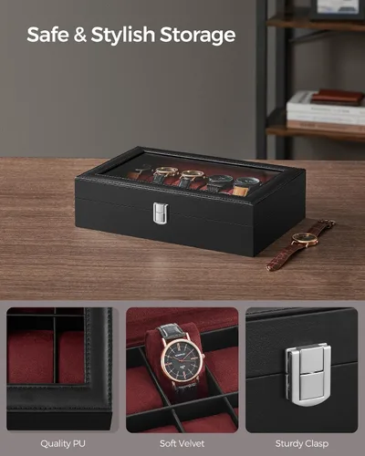Miniatura 3 de SONGMICS Caja de reloj, caja de reloj de 12 ranuras con tapa de vidrio grande, almohadas extraíbles para reloj, organizador de caja de reloj, regalo