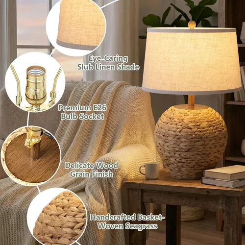 Miniatura 7 de TOBUSA Lámpara de mesa de ratán de 25 pulgadas para sala de estar, lámpara de mimbre bohemia costera con 3 temperaturas de color, lámpara de cesta