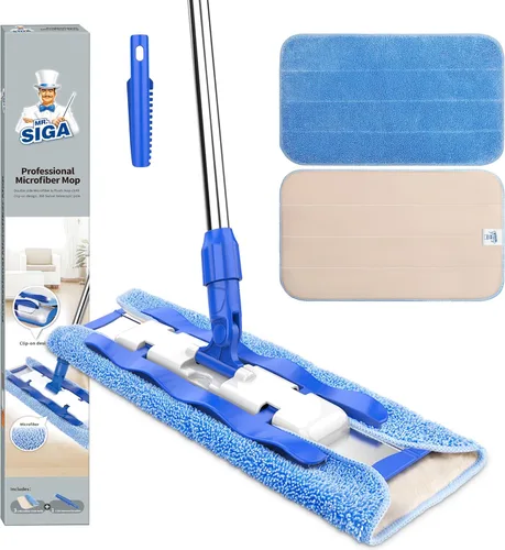 MR.SIGA Trapeador profesional de microfibra para limpieza de pisos de madera dura, laminado y azulejos, mango telescópico de acero inoxidable -