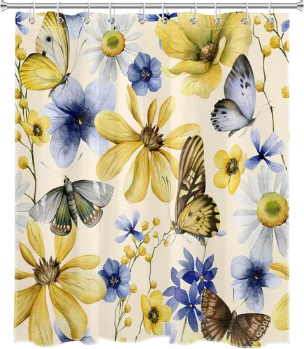 Miniatura 2 de Watercolor Plant Flower Shower Curtain Blue Yellow Floral and Retro Butterfly on Beige Shower Curtain Set for Bathroom Rustic Nature Fabric Bath