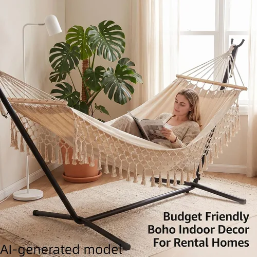 Miniatura 6 de Hamaca portátil, hamaca bohemia, hamaca de cuerda, adecuada, patio, playa, patio trasero, jardín (blanco, 79 x 39) Soft Breathable Cotton Canvas