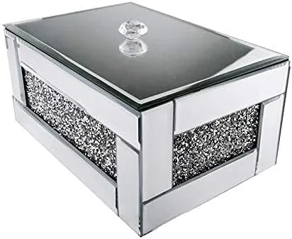 Miniatura 4 de BANQLE Caja de joyería caja de reloj organizador de maquillaje con espejo para tocador caja de tocador de cristal diamante triturado plateado