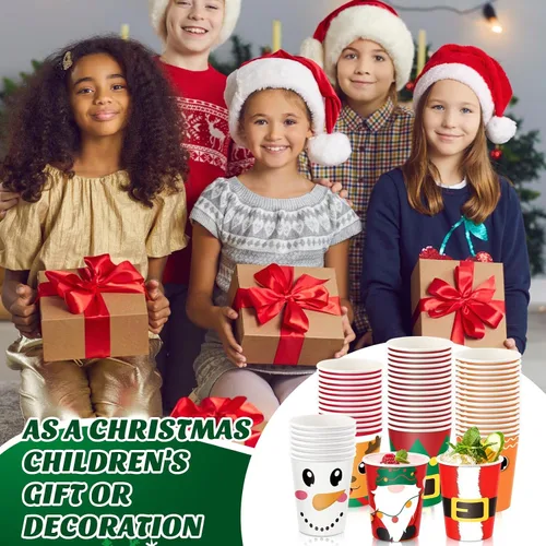 Miniatura 5 de Zhehao 300 vasos de papel de Navidad de 9 onzas, desechables, 6 estilos, pan de jengibre, Papá Noel, elfo, muñeco de nieve, alce, enano, tazas