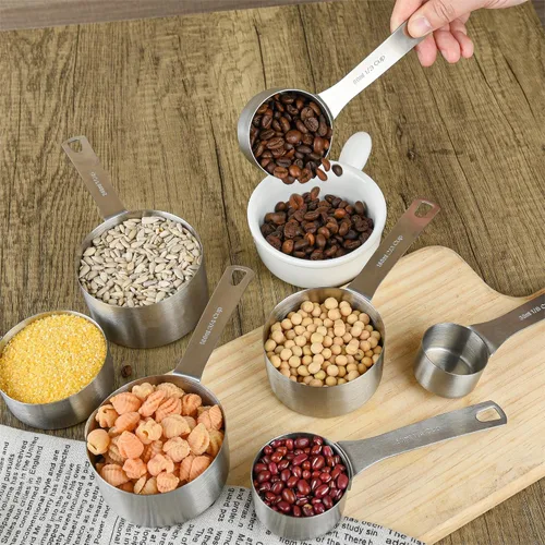 Miniatura 5 de Juego de 7 tazas medidoras de acero inoxidable 18/8 con 1/8, 1/4, 1/3, 1/2, 2/3, 3/4 y 1 taza para cocina y hornear, juego de tazas métricas (C)