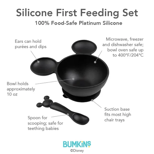 Miniatura 5 de Bumkins Tazón Disney Mickey Mouse, juego de alimentación de silicona con succión, incluye cuchara, elementos de entrenamiento para el destete guiado