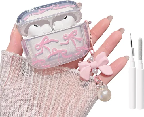Miniatura 9 de MINSCOSE Funda para AirPods Pro de 2ª/1ª generación, diseño de corazón con lazo de cinta femenina con bonito llavero de perla, funda protectora