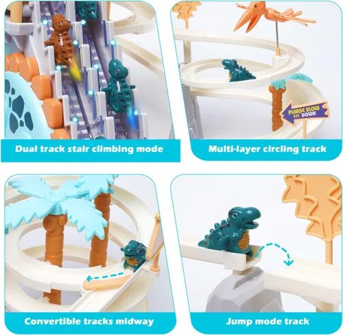 Miniatura 4 de Juego de pista de persecución de dinosaurios con música, tobogán de doble bucle, subir escaleras y montaña rusa, juguete educativo para niños Azul