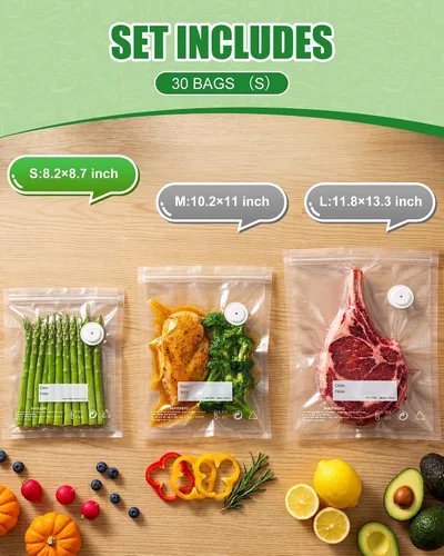 Miniatura 3 de RIWUSI 30 bolsas selladoras al vacío reutilizables para alimentos con válvula de aire y 10 clips de sellado, pequeñas (8.2 x 8.7 pulgadas), bolsas