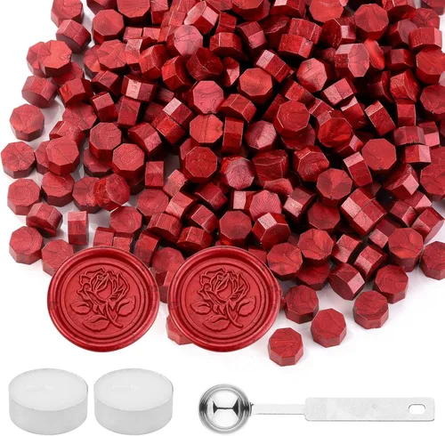 Miniatura 17 de Yoption 300 cuentas de cera octágono con 4 velas y 2 cucharas de fusión para sello de cera (dorado)