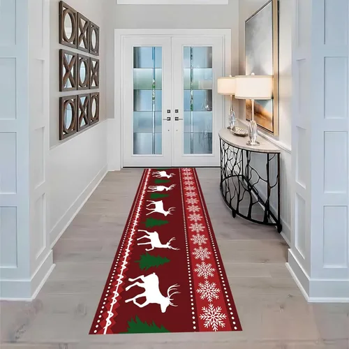 Miniatura 2 de Alfombra de pasillo de Navidad, 1.3 x 7 pies, alfombra de pasillo de renos con copos de nieve, color blanco, alfombra de pasillo estilo bohemio rojo