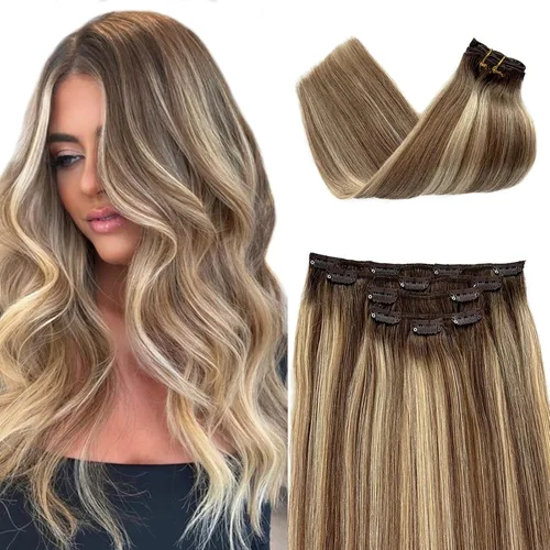 Miniatura 28 de Extensiones de cabello rubio ceniza con reflejos, extensiones de cabello humano real con clip, de 12 pulgadas, 2.47 onzas, doble trama, invisible