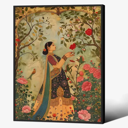 Miniatura 32 de Haitunone Arte de pared de mujer india paquistaní tradicional, póster de pintura floral feminista estilo mogol, impresiones en lienzo para sala