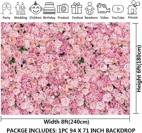 Miniatura 3 de CGXINS Fondo de fotografía de pared de rosas rosas de 8 x 6 pies, fondo de fotografía de flores rosas para niñas, fiesta de cumpleaños, boda
