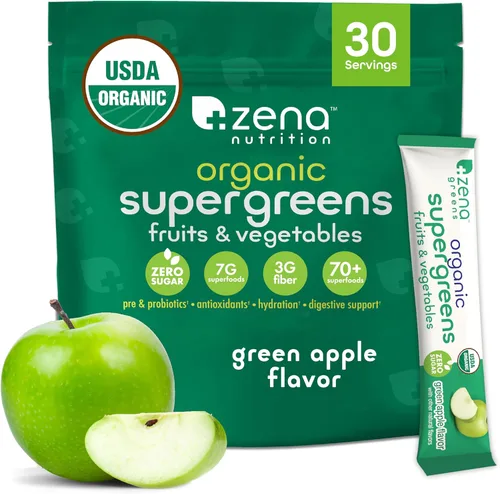 Zena Nutrition Polvo de Superalimentos Orgánicos Verdes, Más de 70 Superalimentos, 0 Azúcar, 3g de Fibra, Espirulina, Clorella, Hongos,