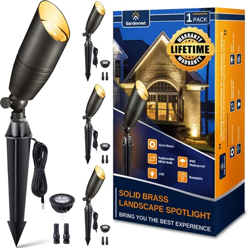 Miniatura 33 de Gardenreet Focos de paisaje de bajo voltaje - Luz superior LED de latón 12V para exterior, luces focales cableadas IP65 impermeables, enfoque
