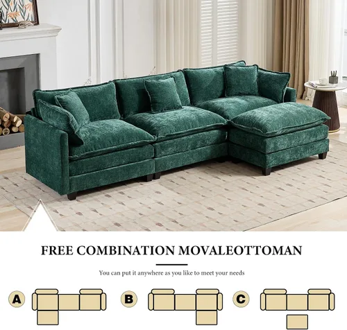 Miniatura 9 de Sofá seccional modular verde de 111.5", sofás seccionales grandes de 3 plazas para sala de estar, sofá nube oversized de tela chenille con otomana