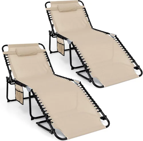 Miniatura 26 de Goplus Tumbona para exteriores, silla de playa plegable extragrande de 5 posiciones con almohada desmontable, bolsillo lateral, silla de bronceado