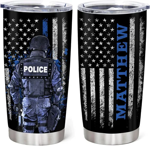 Miniatura 11 de Hyturtle Vaso de policía personalizado para hombres, bandera de línea azul delgada para el día del padre, regalos de policía para jubilación