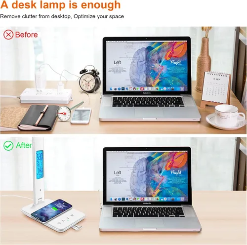 Miniatura 2 de snsok Lámpara de escritorio con cargador inalámbrico, puerto de carga USB, luz de escritorio de oficina regulable con reloj, alarma, fecha, Blanco
