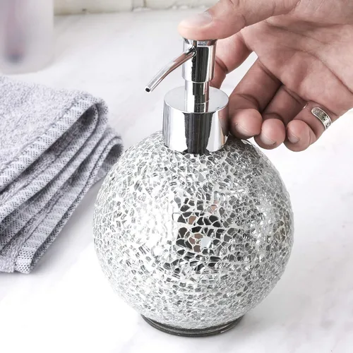 Miniatura 3 de WHOLE HOUSEWARES Dispensador de jabón de manos de mosaico de vidrio para baño Botella de loción para cocina, baño con bomba de plástico cromado